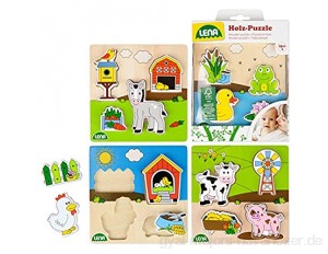 Lena 32150EC - Holzpuzzle Bauernhof 4er Set Pack mit 4 verschiedenen Puzzle aus Holz FSC 100% zertifiziert 4 Legepuzzle mit je 4 Puzzleteilen Legespiel für Kleinkinder ab 18 Monate