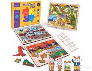 PAPERKIDDO Holzpuzzle Steckpuzzle für Kinder Inspirieren die Phantasie und Kreativität des Kinders für Kinder ab 3 Jahr (Transport + Dinosaurier + Tiere)