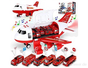 Transport Flugzeuge Spielzeug mit 6 Feuerwehrfahrzeuge Spielzeugauto Modell Set Kinder Rollenspiel DIY Fahrzeuge Motorik Lernspielzeug LED-Beleuchtung Soundeffekt mit Schwungrad