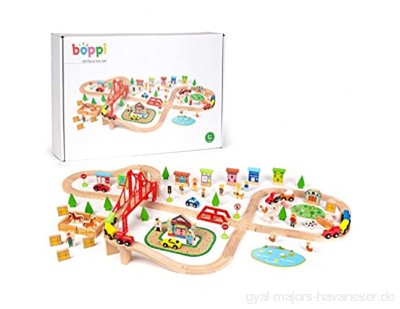 boppi – Eisenbahn für Kinder. 150 Teile Holzeisenbahn Zubehör mit 2 Lokomotiven 4 Wagons und 44 Schienen inkl. Landschaft. Spielzeug für Kinder ab 3 Jahren