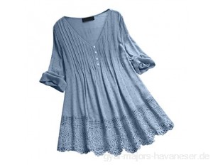 VICKY-HOHO Frauen Vintage Rüschen Dreiviertel Spitze V-Ausschnitt Plus Size Top T-Shirt Bluse Spitze Baumwolle Hemd